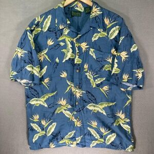 Scandia Woods Mens Large Hawaiian Shirt Blue Bird Of Paradise Tropical Button Up